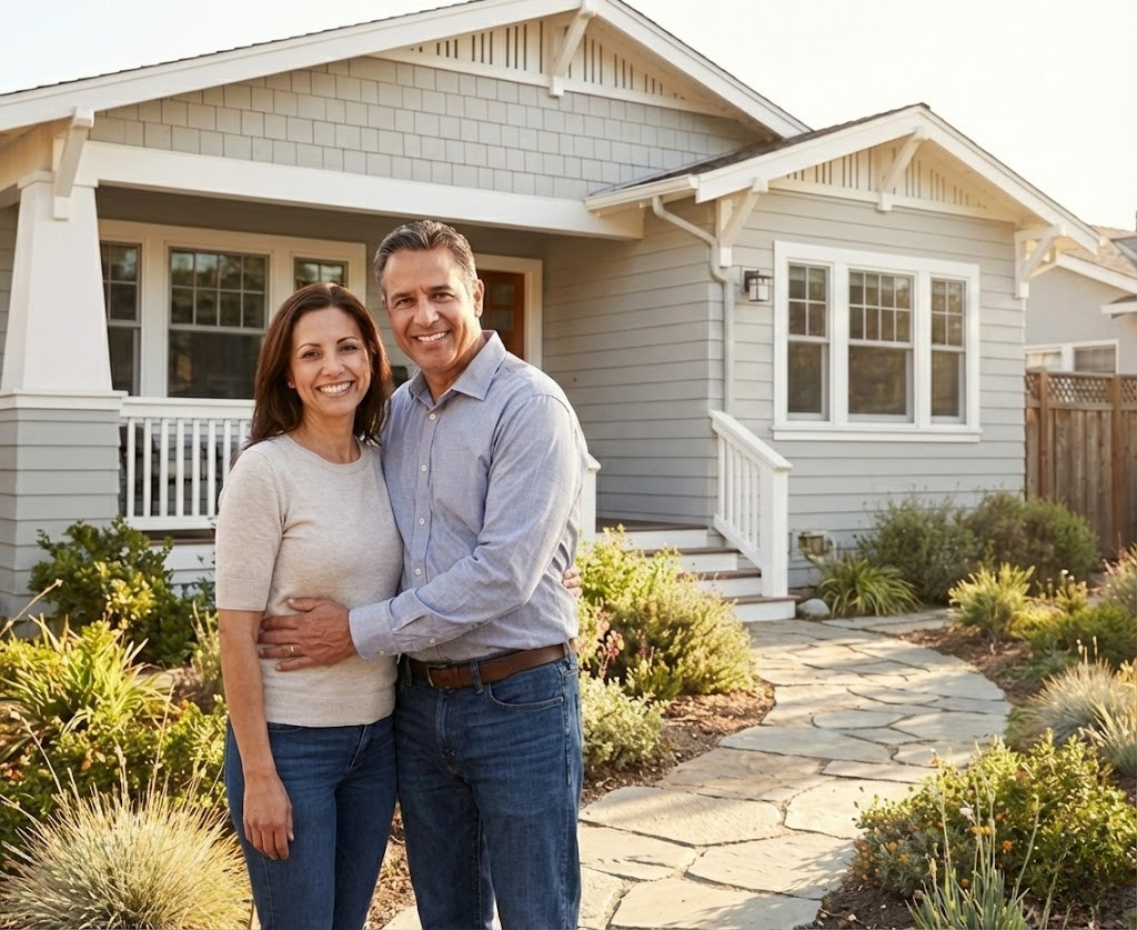 Happy couple standing in front of their house